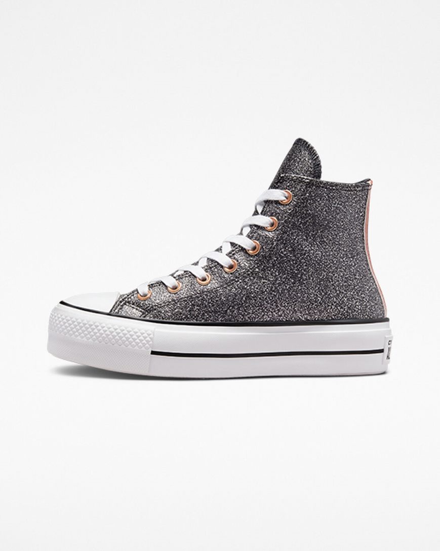 Zapatos Plataforma Converse Chuck Taylor All Star Lift Metallic Glitter Altas Mujer Negras Cobra Blancas | PE 72WEL4